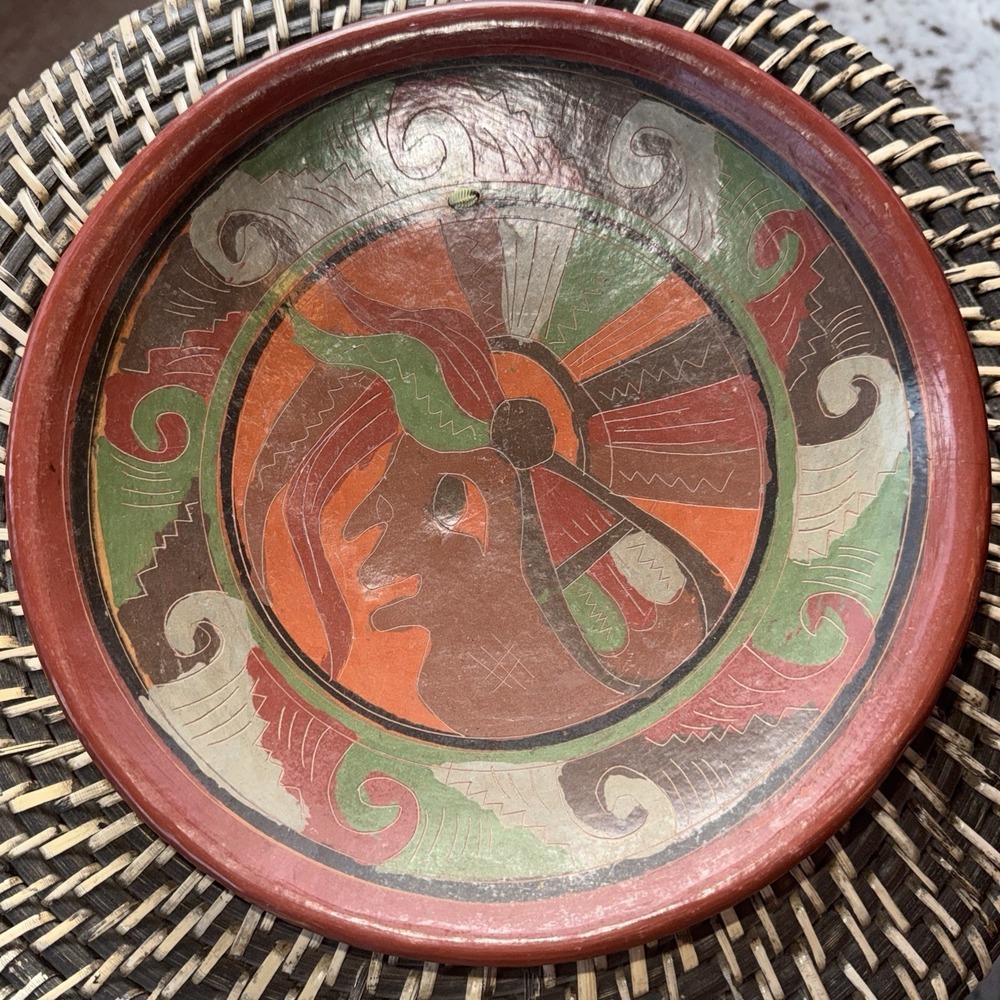 Vintage Mayan Red Clay‎ Pottery Plate Wall Hanging 10" Collectable Etched Glazed